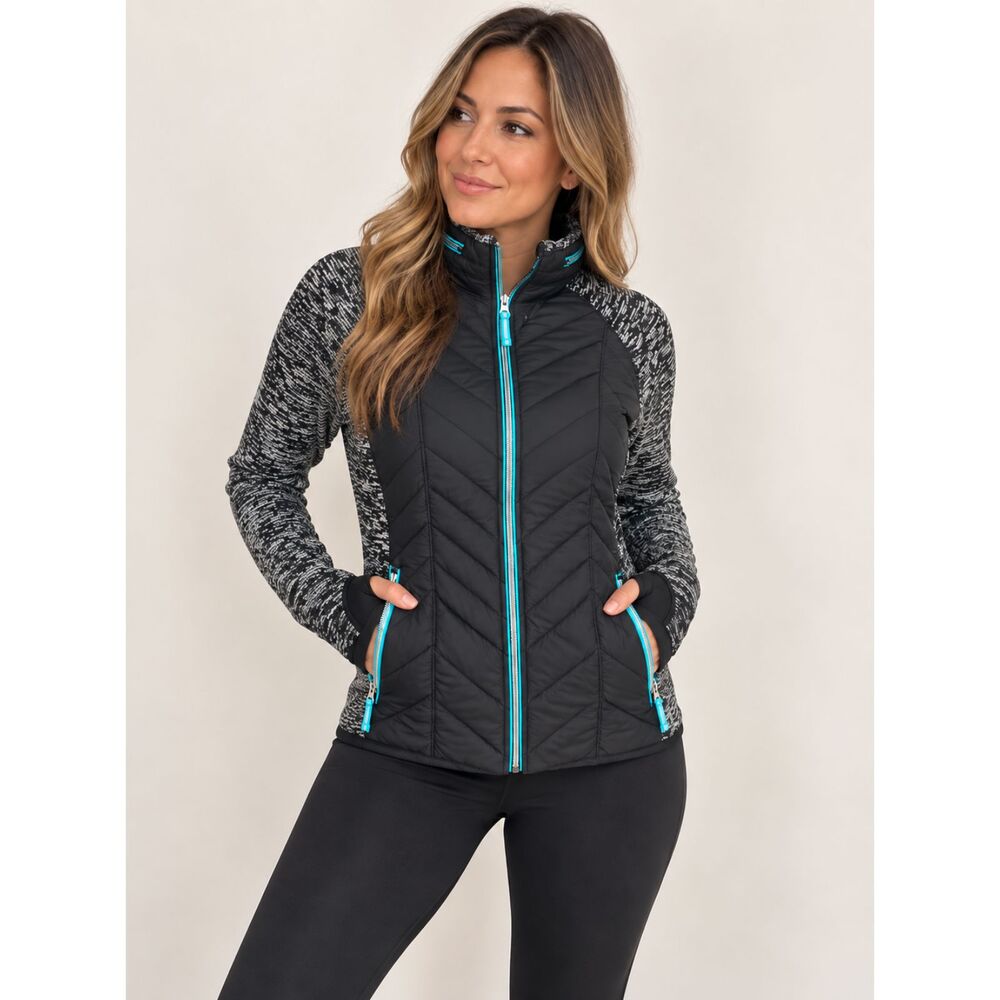 Xersion Women’s Hybrid Quilted Puffer Sweater Knit Jacket Stowaway Hood